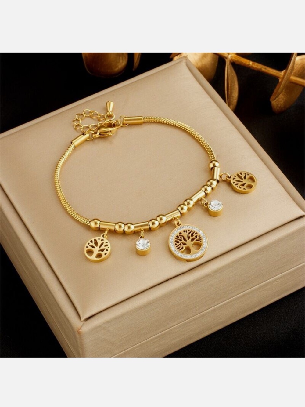 Woman 18K Gold Plated Stainless Steel Life of Tree CZ Beaded Bracelet Bangle